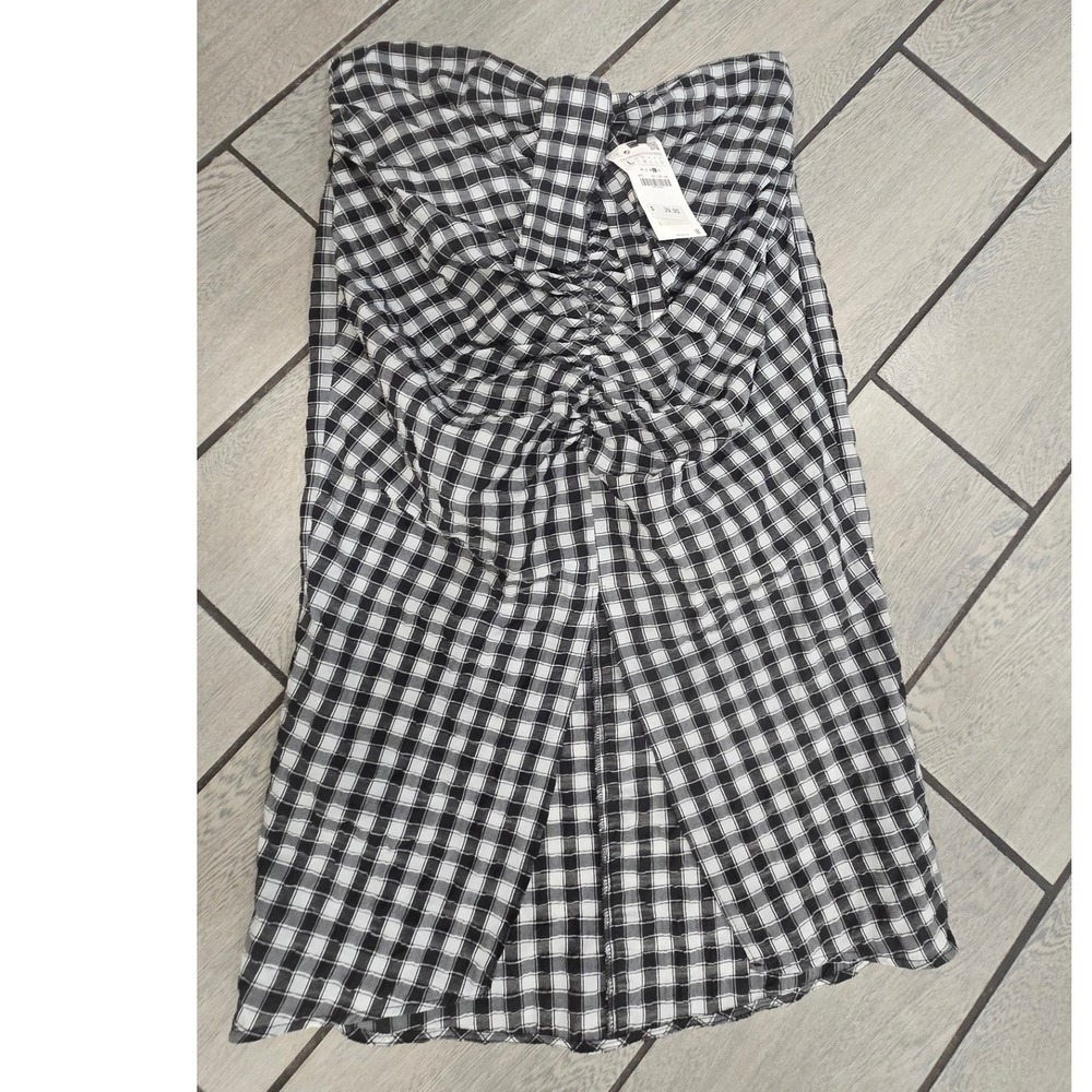 Zara Black White Gingham Ruched Midi Skirt High Slit NWT Large 1971/057/064